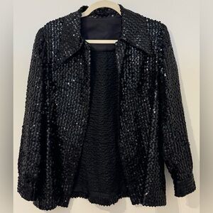 Elinor Gay Vintage Black Sequin Open Front Long Sleeve Jacket Size 16